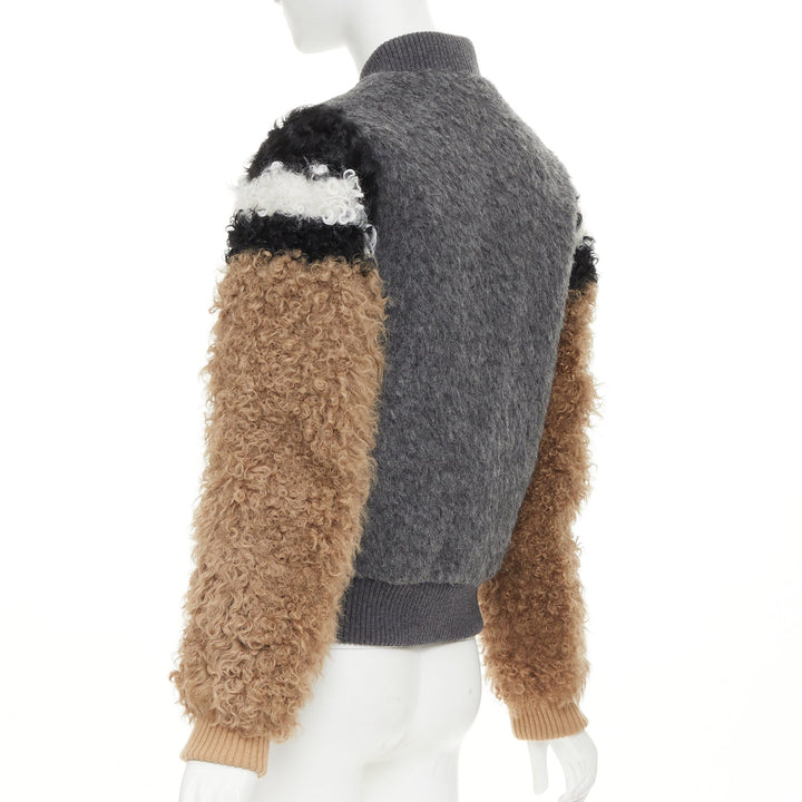 NO. 21 grey tan brown alpaca mohair blend fluffy sleeve  bomber jacket IT40 S