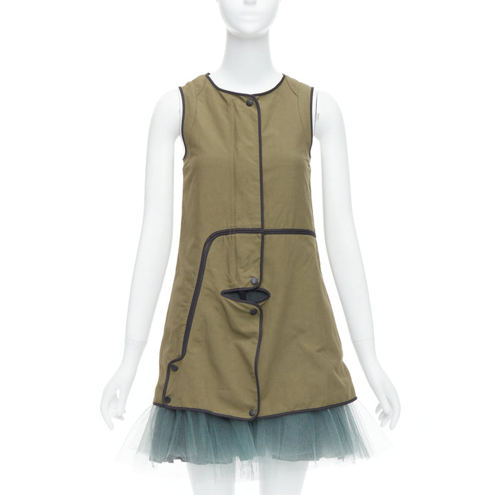 MARNI 2011 khaki utility cutout vest green tulle hem mini dress IT36 XXS