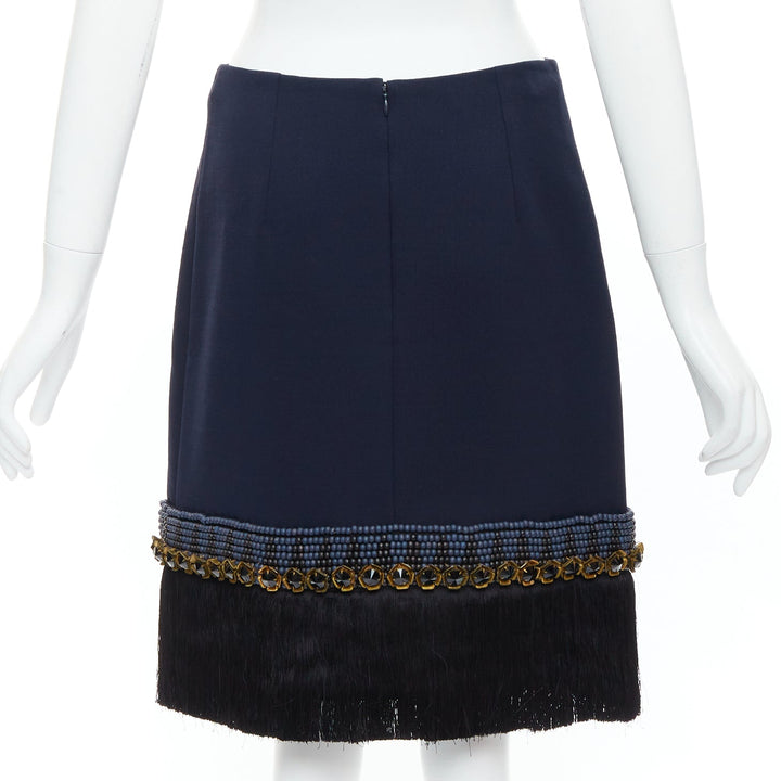 MARNI navy bead black crystal fringe embellished hem knee skirt IT38 XS