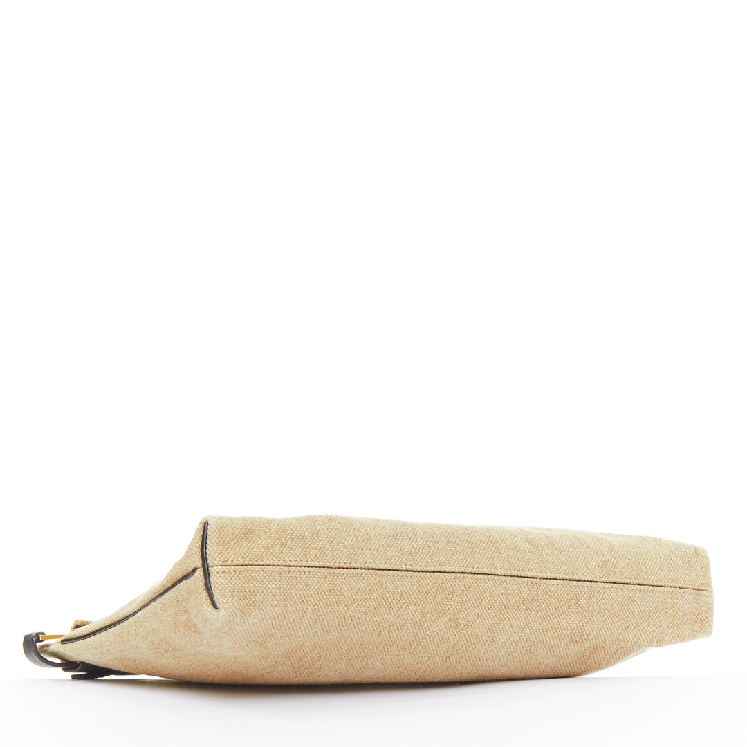 LOEWE T Pouch beige linen canvas gold anagram dark zip slot clutch bag