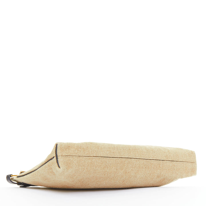 LOEWE T Pouch beige linen canvas gold anagram dark zip slot clutch bag