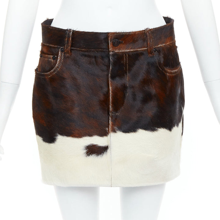 SAINT LAURENT 2018 brown white real calf hair silk lined mini skirt FR38 M