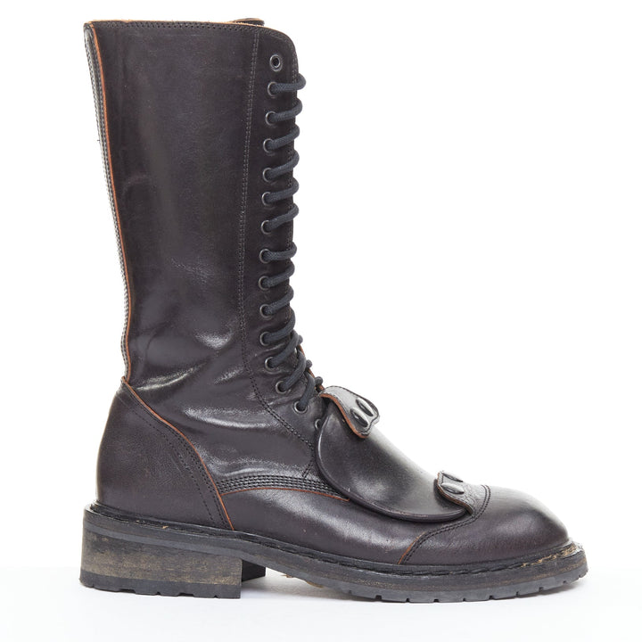 rare ANN DEMEULEMEESTER black leather snap button panels tall combat boots EU36