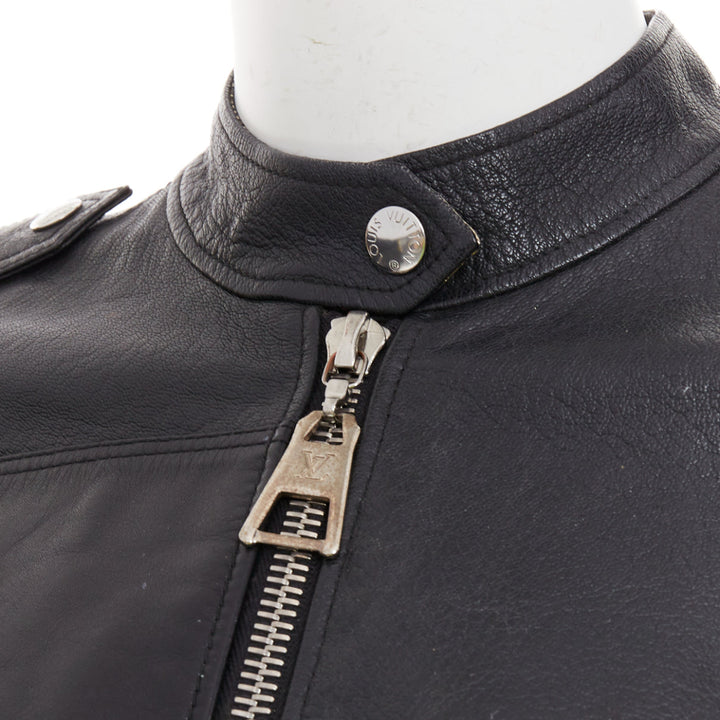 LOUIS VUITTON black goatskin leather LV zip cropped biker jacket FR36 S