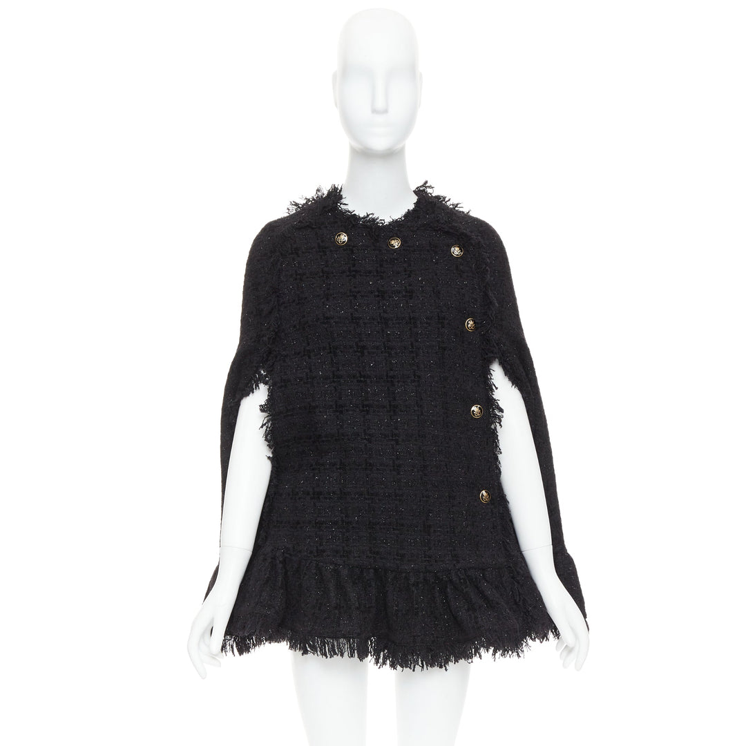 MSGM black tweed gold varsity buttons fringe trim cape coat IT38 XS