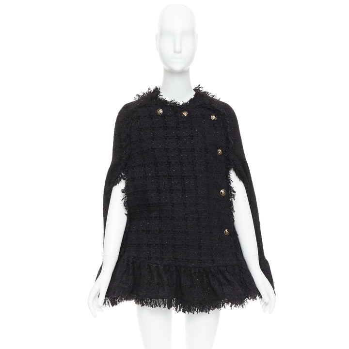 MSGM black tweed gold varsity buttons fringe trim cape coat IT38 XS