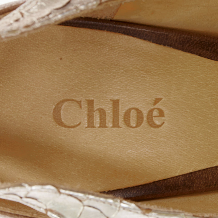 CHLOE Vintage silver metallic scaled leather brown trim pointy pumps EU37.5