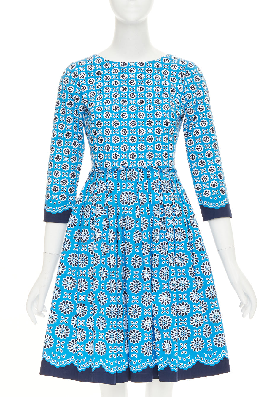 OSCAR DE LA RENTA S16 blue geometric floral print cotton A-line dress US0 XS