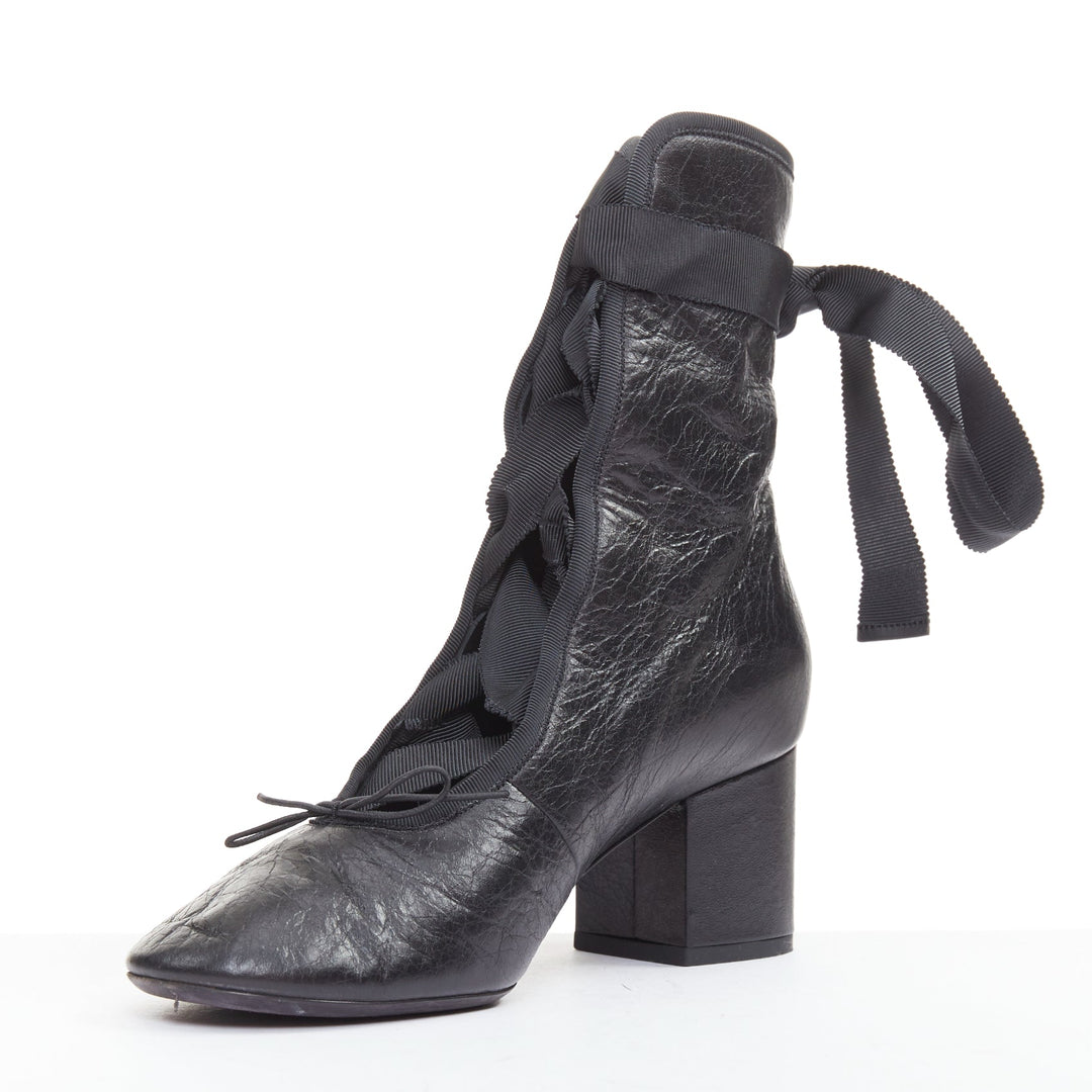 VALENTINO 2016 Runway black crinkled leather ribbon lace ballet booties EU37.5