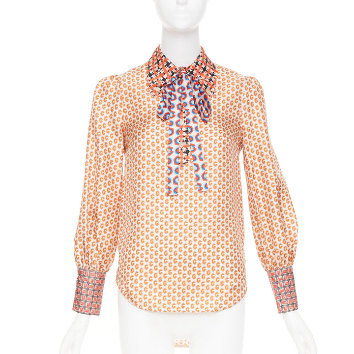 GUCCI Romain GG mixed print geometric pussy bow silk twill shirt blouse IT36 XXS