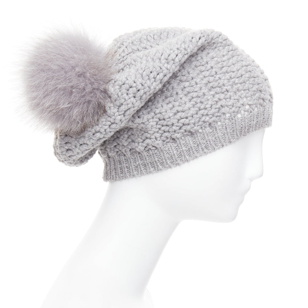 MONCLER grey fur pom pom cream logo heavy knit beanie hat