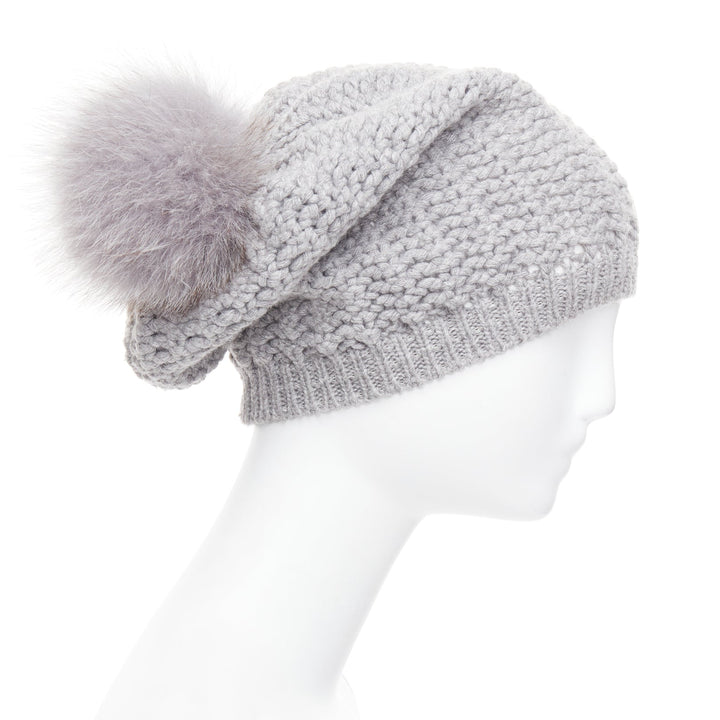 MONCLER grey fur pom pom cream logo heavy knit beanie hat
