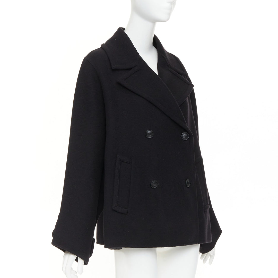 VALENTINO 2021 black wool blend boxy V logo double breasted coat IT40 S