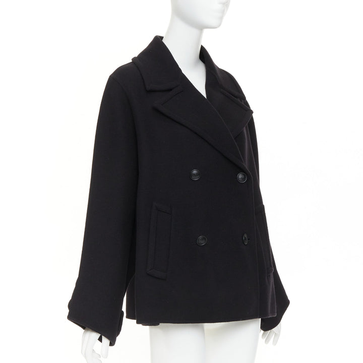 VALENTINO 2021 black wool blend boxy V logo double breasted coat IT40 S