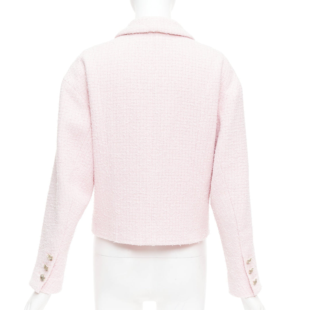 CHANEL 21P pink cotton tweed CC button double breasted cropped jacket FR38 M