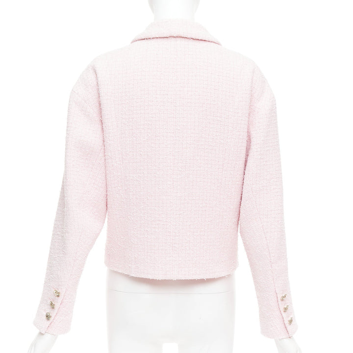 CHANEL 21P pink cotton tweed CC button double breasted cropped jacket FR38 M