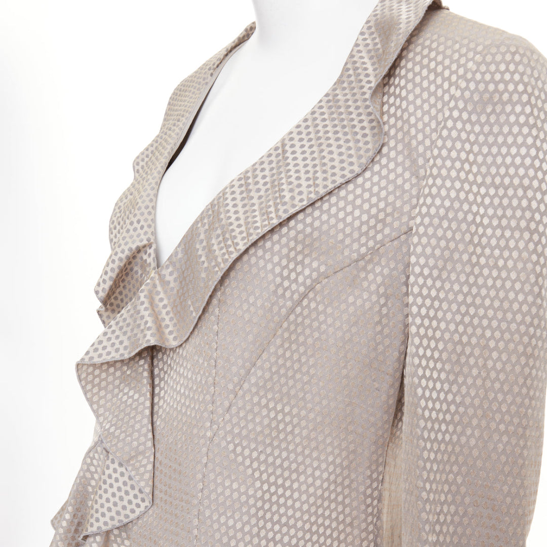 GIORGIO ARMANI grey honeycomb woven linen blend ruffle cropped jacket IT46 L