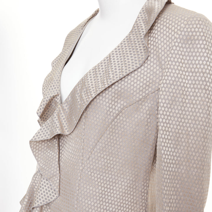 GIORGIO ARMANI grey honeycomb woven linen blend ruffle cropped jacket IT46 L