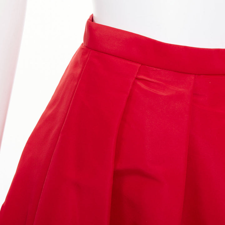 TIBI red 100% silk taffeta pleated high waist A-line flared midi skirt US 2 S