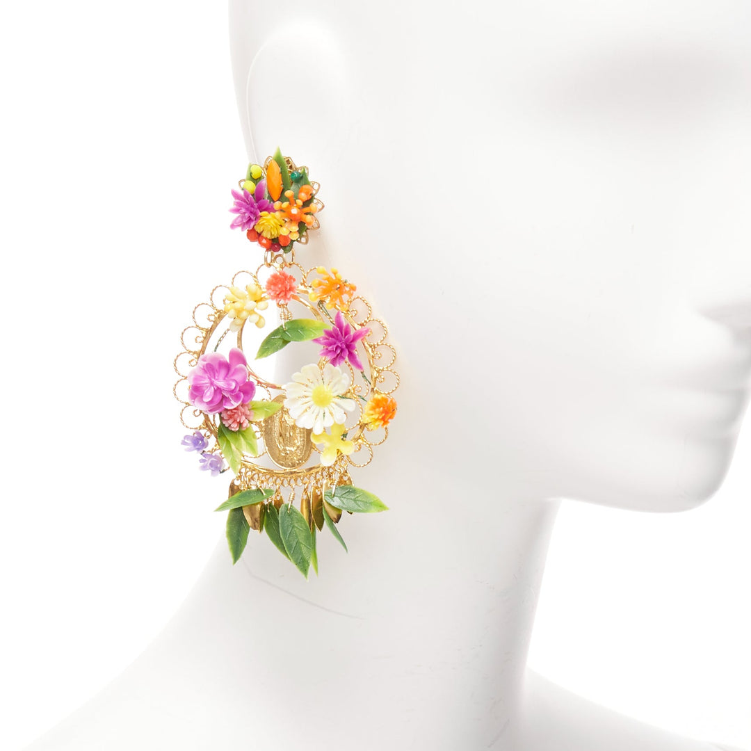 MERCEDES SALAZAR multicolour plastic flower gold rosary clip on earrings