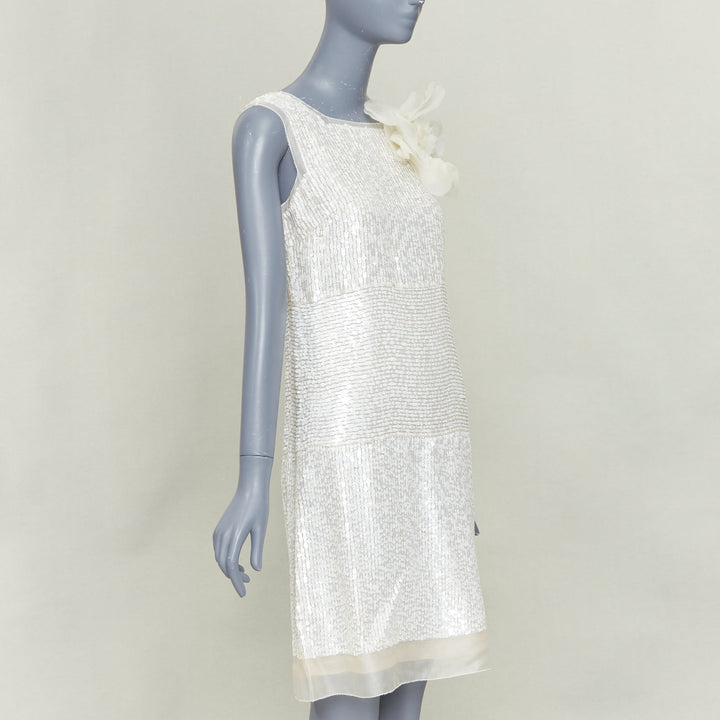 VERA WANG Bridal cream silk organza sequin floral brooch shift dress US4 M