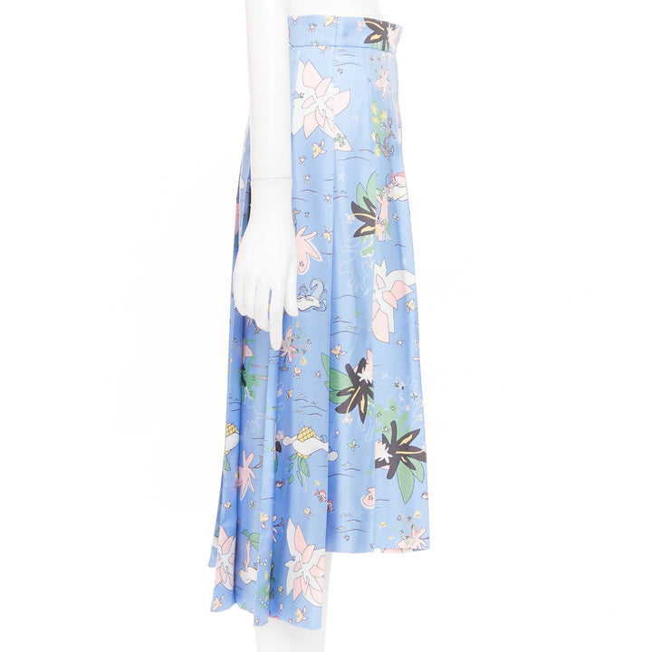 THOM BROWNE blue cartoon beach island pleated side slit raw silk skirt IT38 XS
