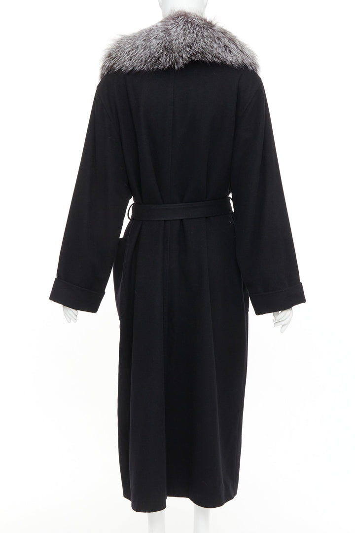 ESCADA Vintage black 100% cashmere brown fur collar belted long coat IT42 M