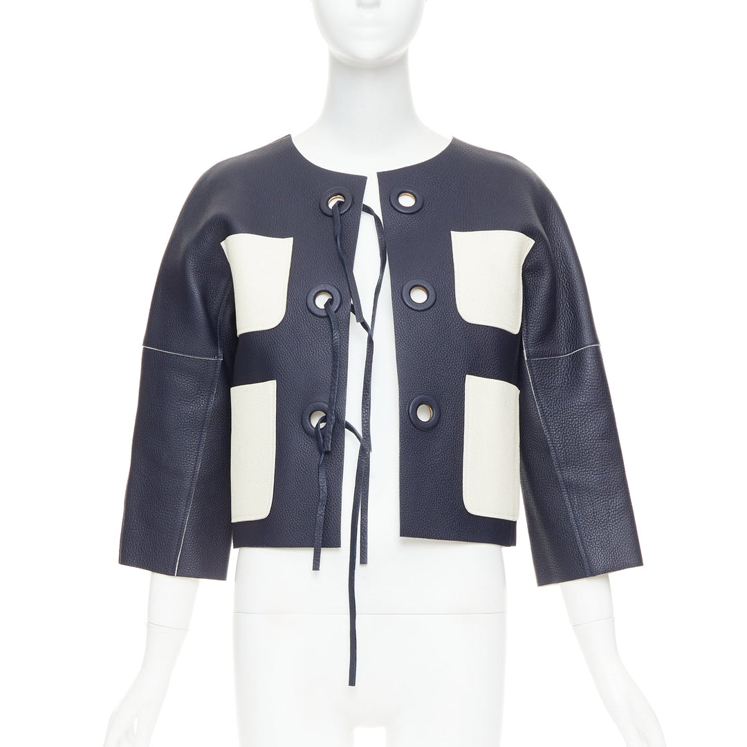 LOUIS VUITTON navy off white textured leather tie front jacket FR36 M