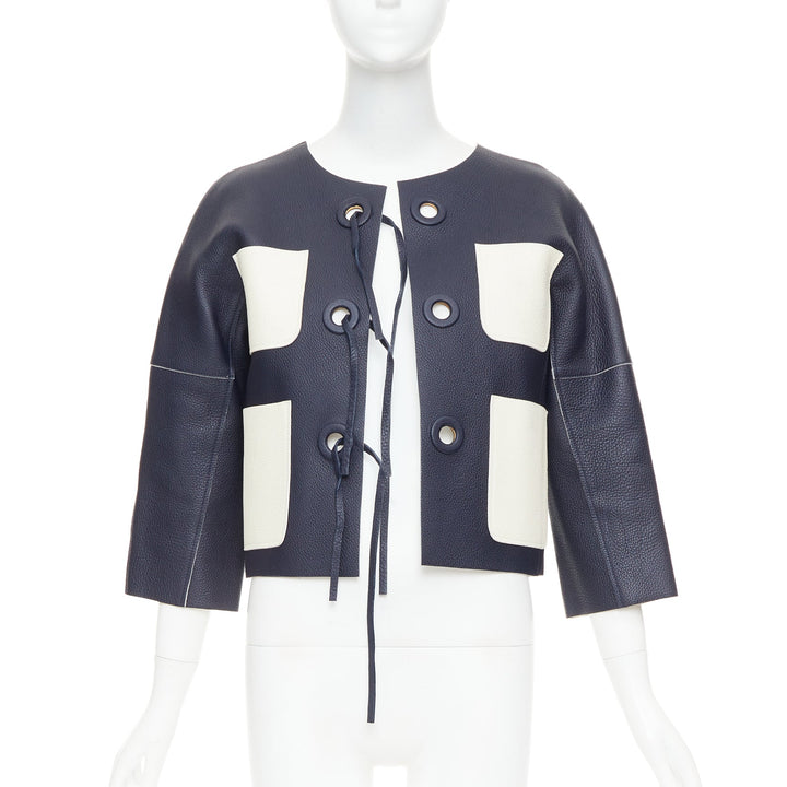 LOUIS VUITTON navy off white textured leather tie front jacket FR36 M