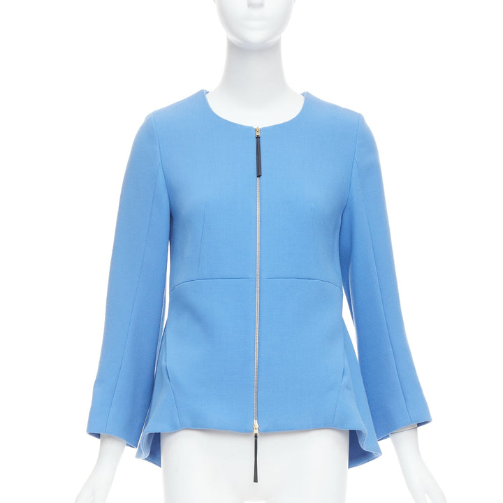 MARNI sky blue virgin wool zip front peplum crew neck coat IT40 S