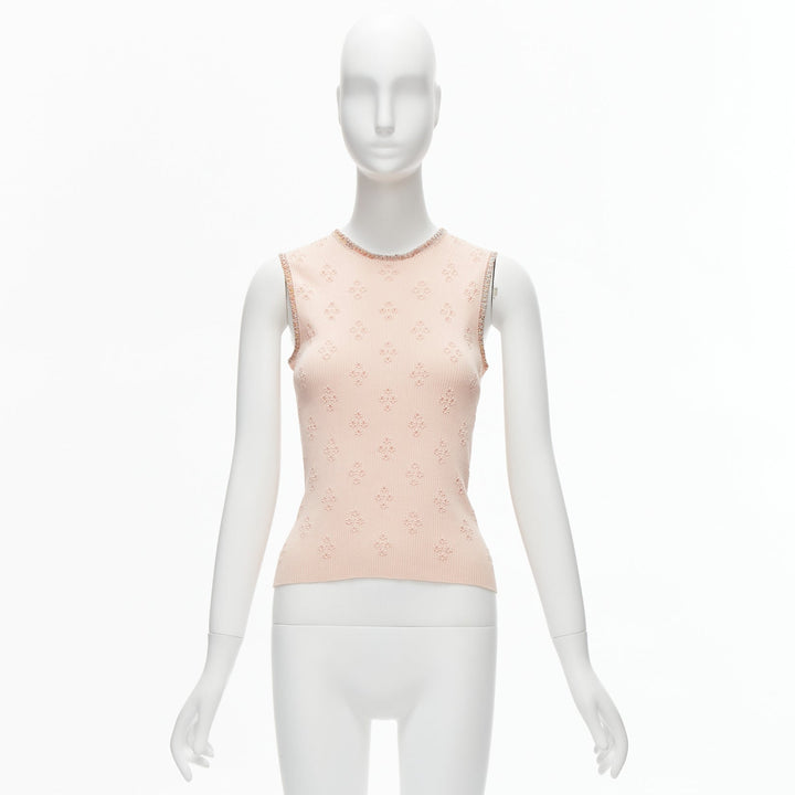 CHANEL 17C Coco Cuba pink cotton byzantine cross pointelle knit trim vest FR40 L