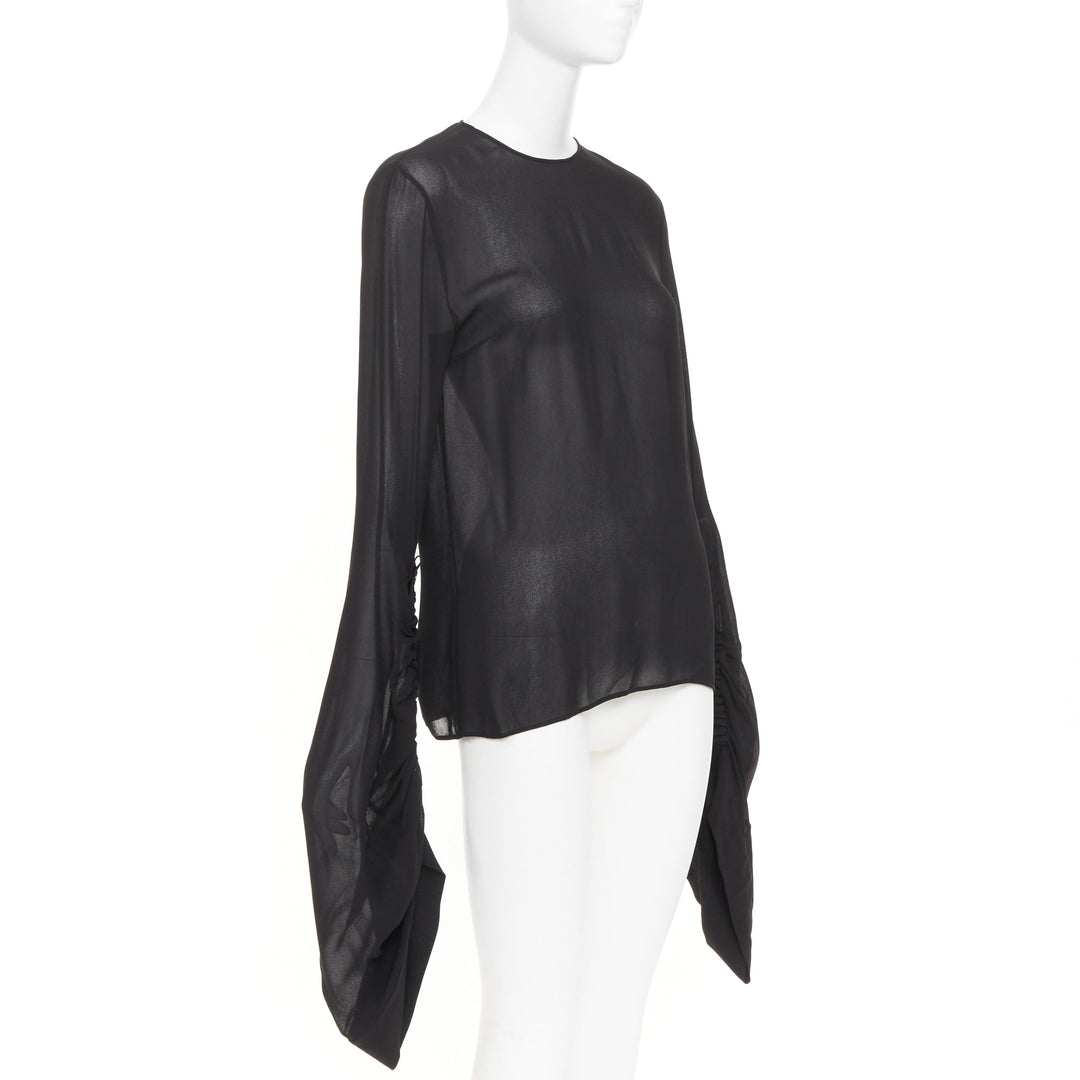 SAINT LAURENT 2017 sheer long sleeve ruched split cuff viscose shirt FR 36 S