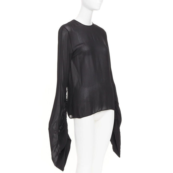 SAINT LAURENT 2017 sheer long sleeve ruched split cuff viscose shirt FR 36 S
