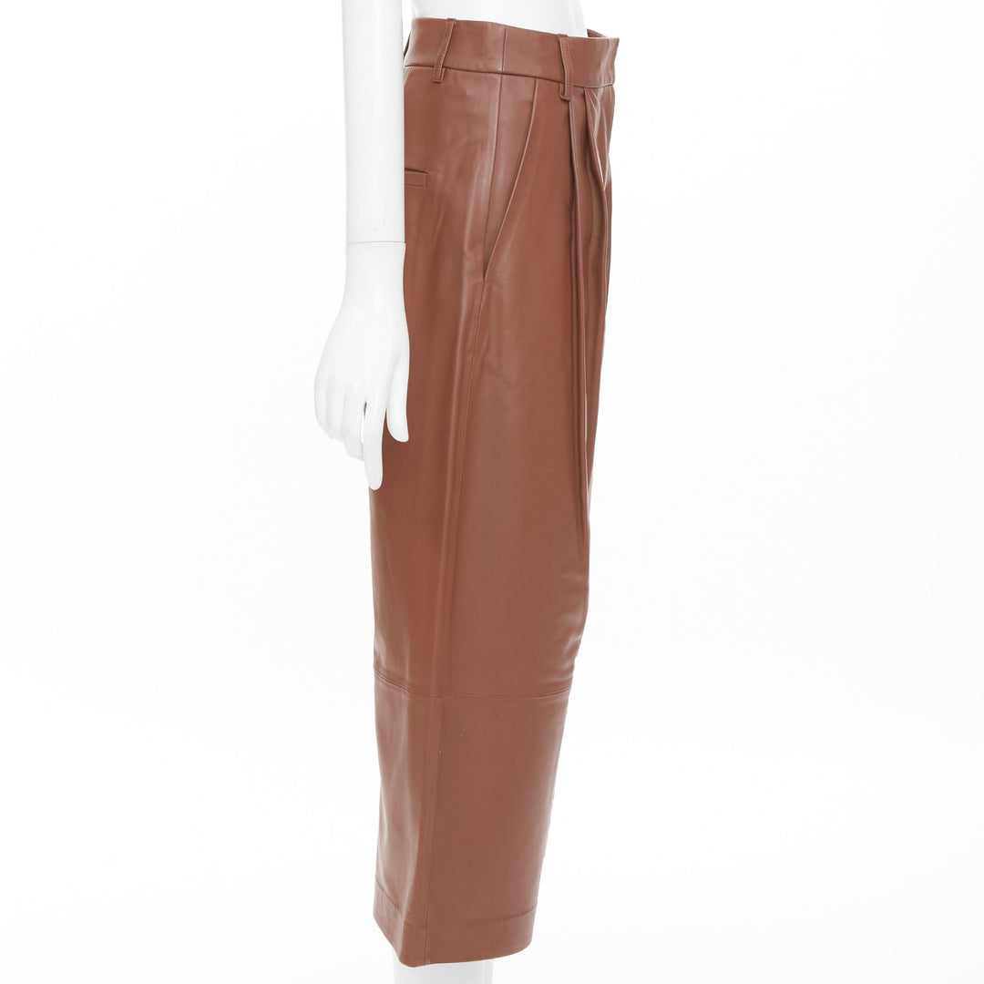 TIBI reddish brown lambskin leather pleated high waisted cropped pants US00 XXS