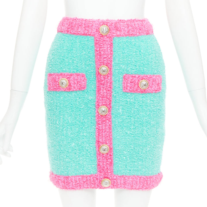 BALMAIN turquoise pink gold button embellished boucle skirt FR34 XS