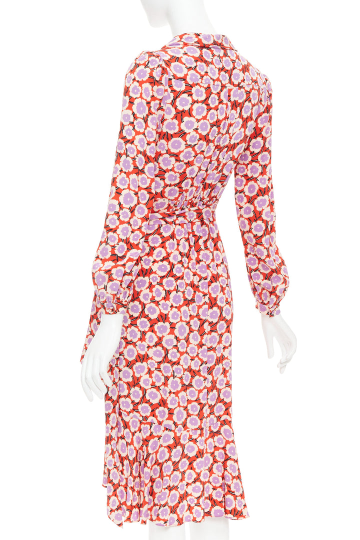 DIANE VON FURSTENBERG Carla  100% silk  red purple floral wrap dress US2 S