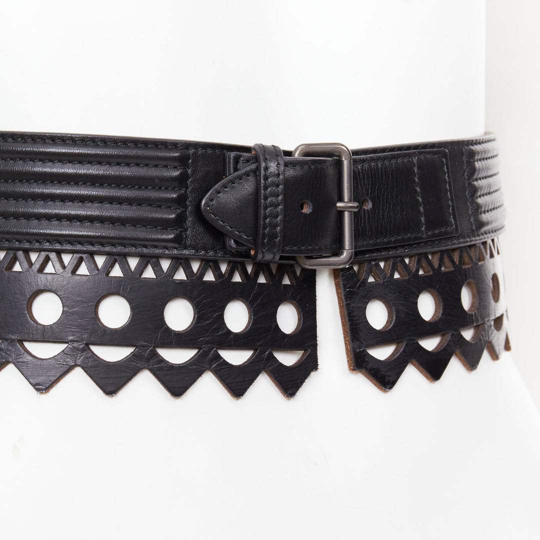 ALAIA Vienne black leather laser cut scalloped  wide waist belt 65cm
