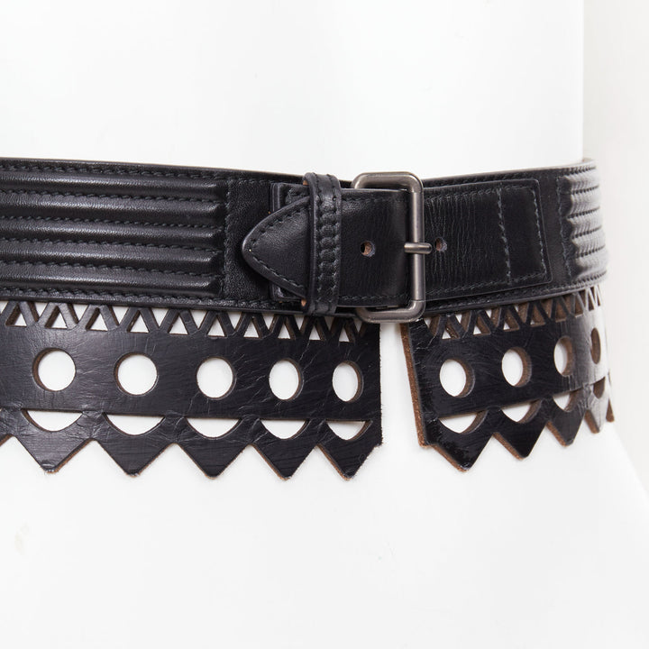 ALAIA Vienne black leather laser cut scalloped  wide waist belt 65cm