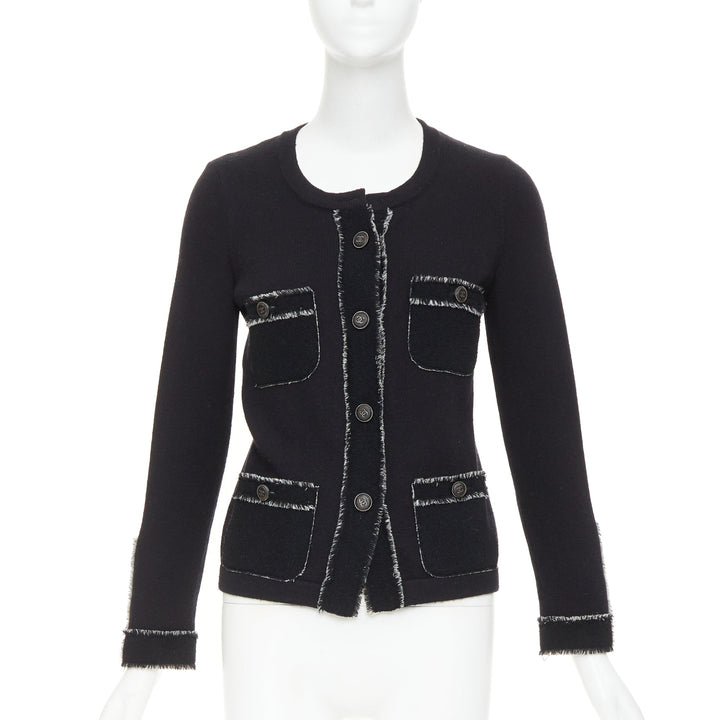 CHANEL 2011 cashmere black cashmere raw edge frayed 4 pocket cardigan FR36 S