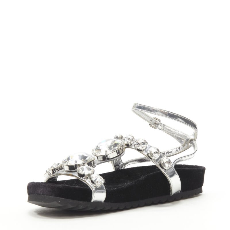 MIU MIU large rhinestone crystal metallic silver velvet flat sandals EU36