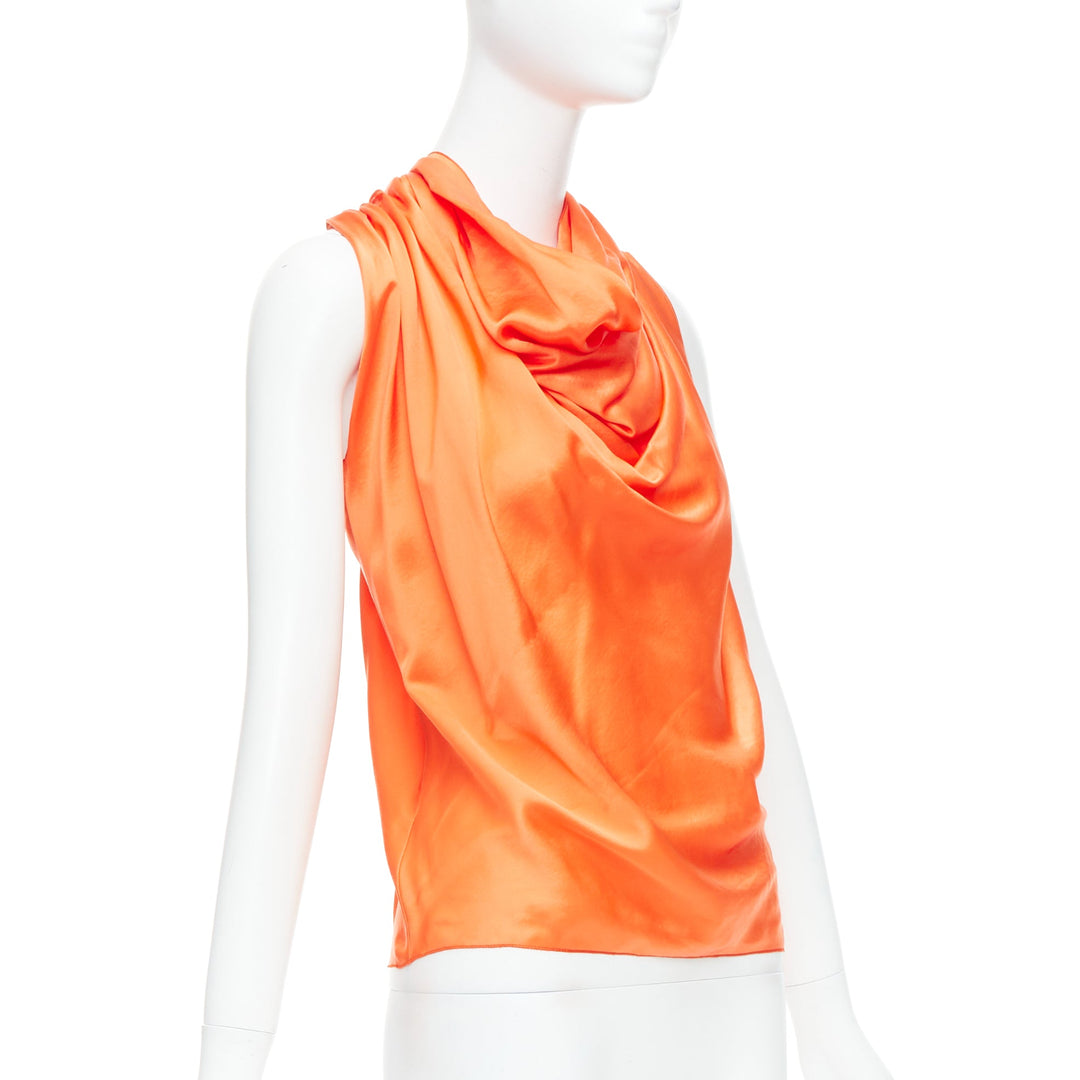 LANVIN 2010 tangerine orange 100% silk cowl neck draped top FR36 S