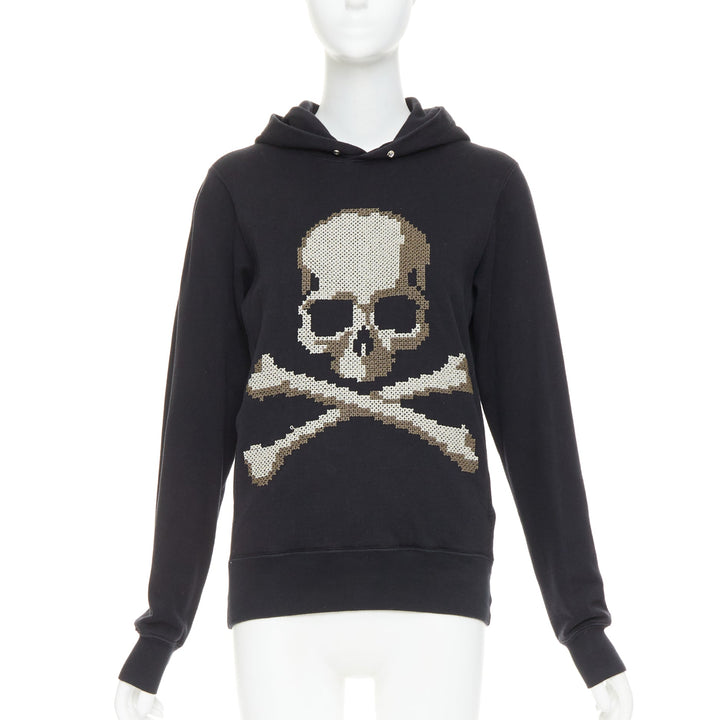 MASTERMIND JAPAN black cotton beige needlepoint embroidered skull hoodie JP3 L