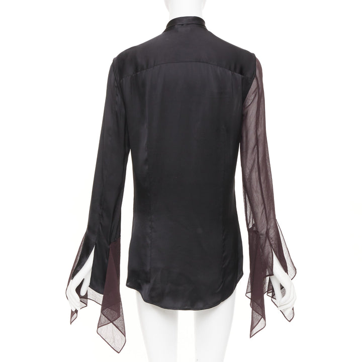 LOEWE asymmetric mixed media black sheer burgundy pussy bow blouse IT36