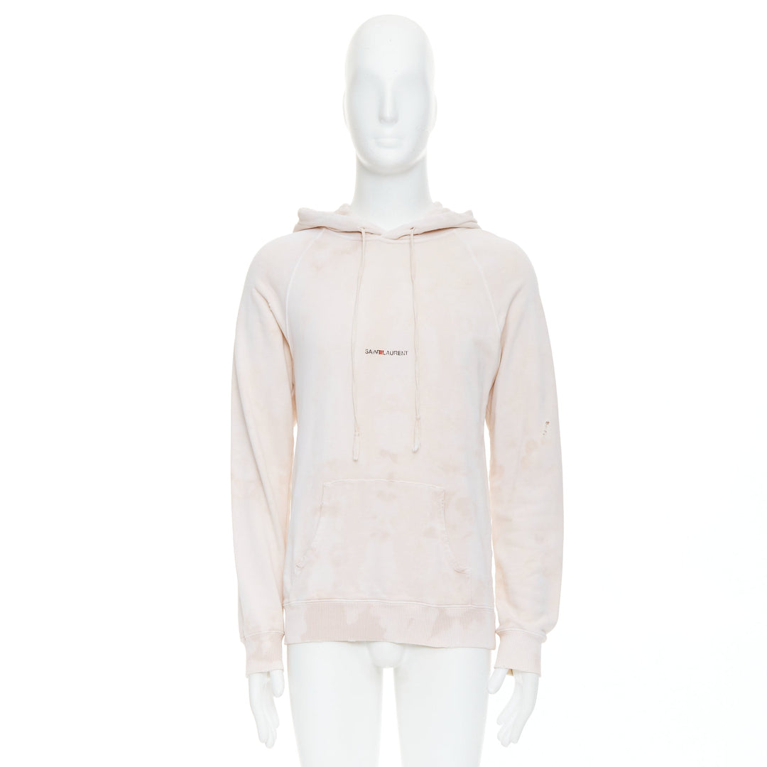 SAINT LAURENT 2018 cream washed tie ye distressed logo hoodie S