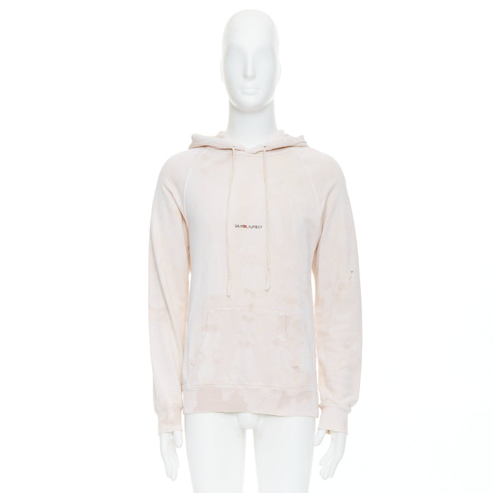 SAINT LAURENT 2018 cream washed tie ye distressed logo hoodie S