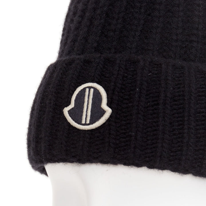 MONCLER RICK OWENS 2023 logo applique ribbed beanie wool cashmere hat Sz0 XS