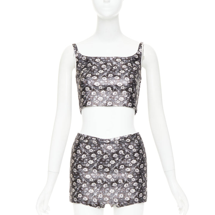 PRADA 2017 black metallic floral brocade crop top high waist short IT36 XXS