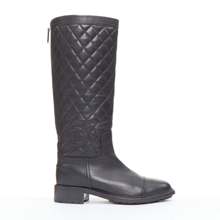 CHANEL black leather quilted CC logo stamp round toe riding boots EU38