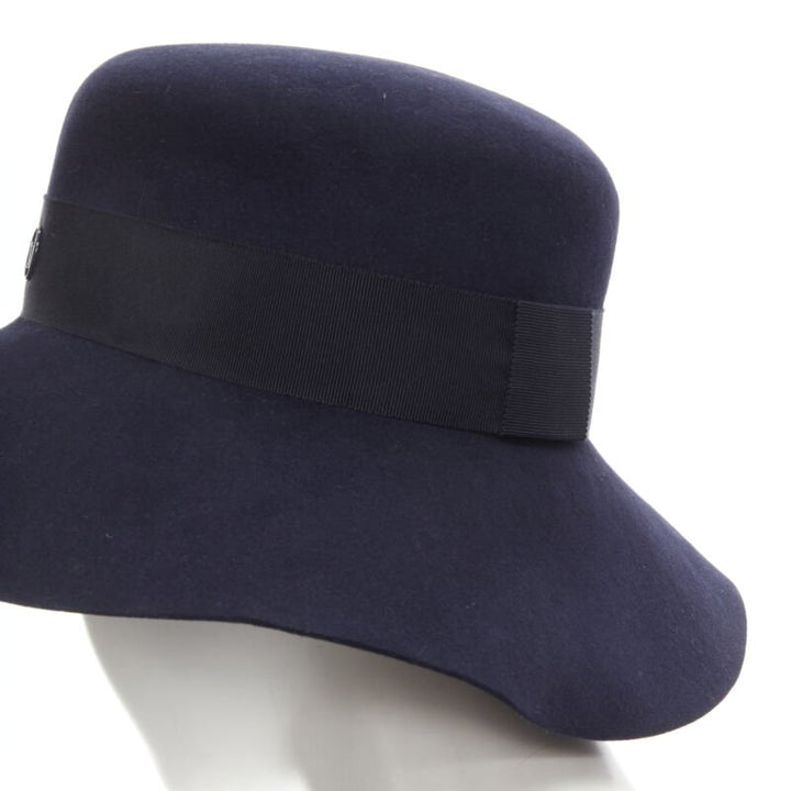 MAISON MICHEL navy blue black grosgrain M logo detail fedora hat S 56cm