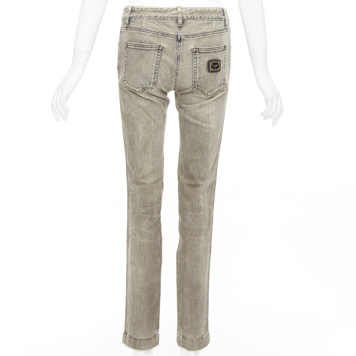 DOLCE GABBANA khaki denim washed logo metal plate jeans IT42 M